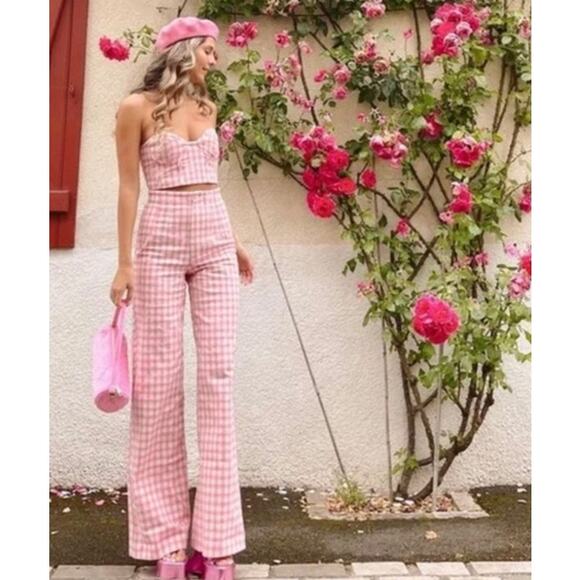 ZARA Full Length Gingham Plaid Wide Leg Pants High Rise Trouser Pink/ White - Picture 3 of 12